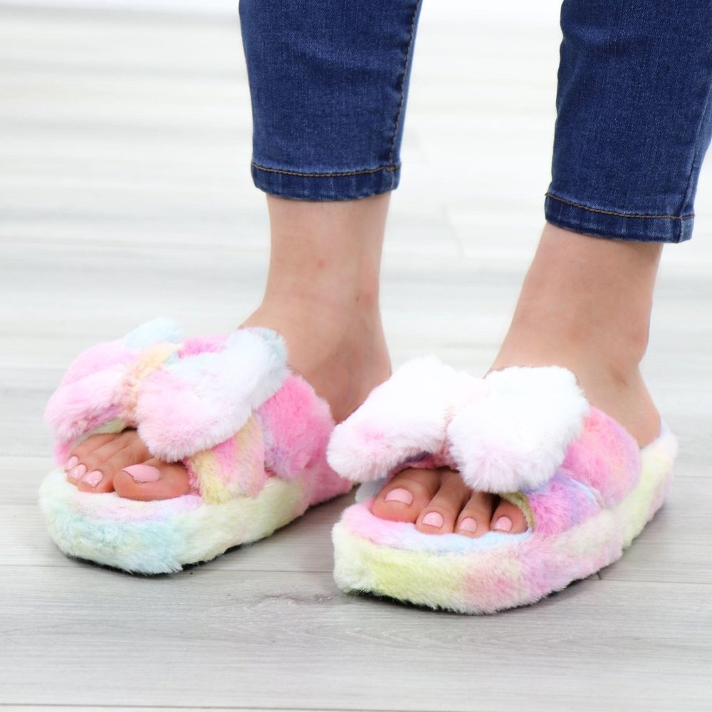 Bow Tie Furry Slip On Tie Dye Slippers - Picture 15 of 16